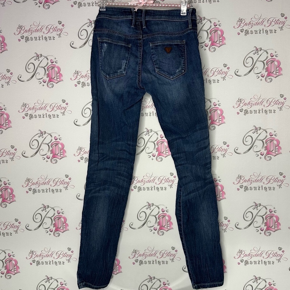 Guess jeans denim triangle logo pocket dark wash skinny straight Women's Blue